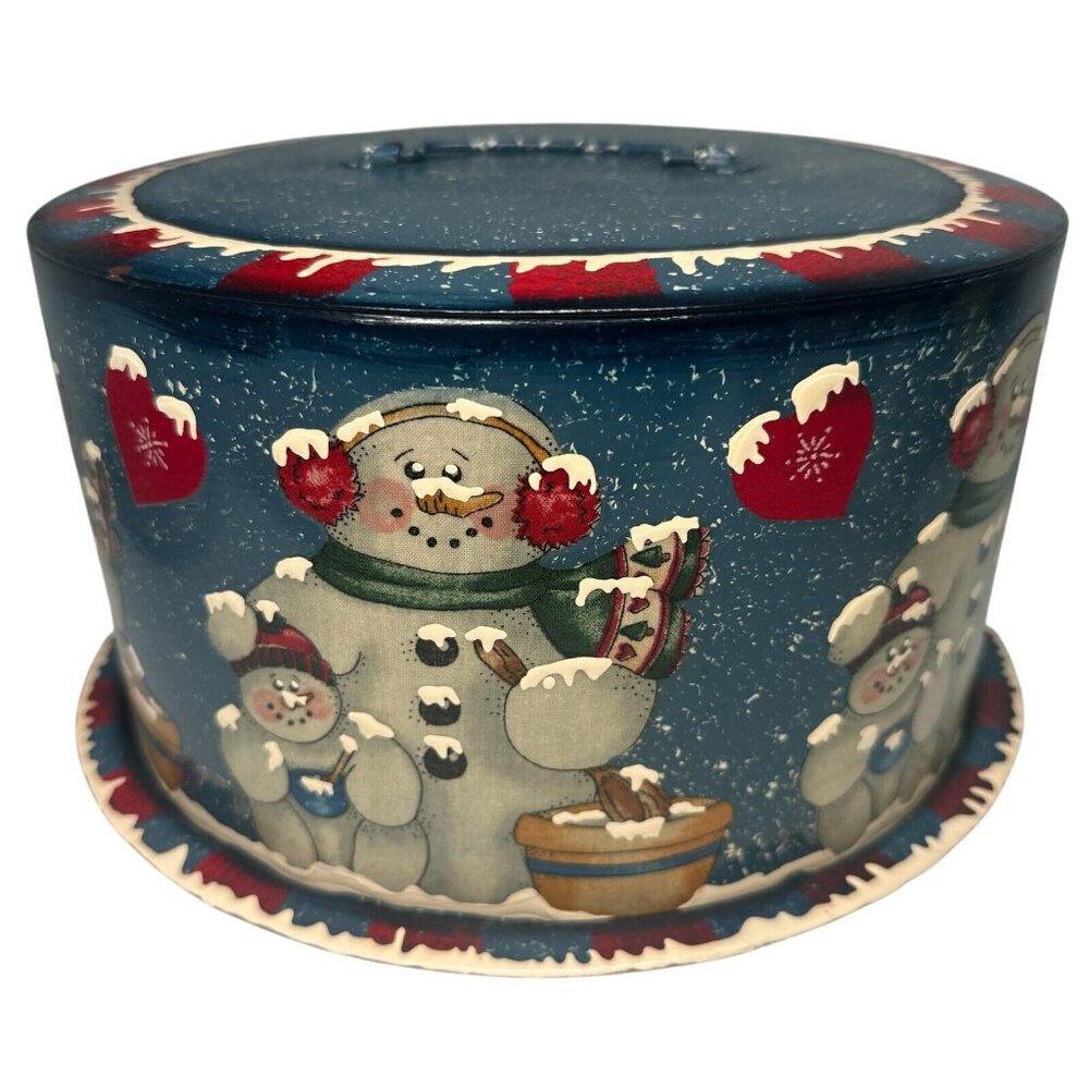 Vintage Metal Cake Carrier Christmas Holiday Snowman Painted - Picture 2 of 16